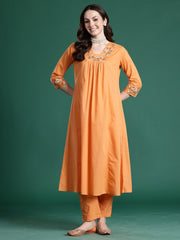 Orange Embroidered A-Line Kurta Trousers Set