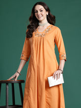 Orange Embroidered A-Line Kurta Trousers Set