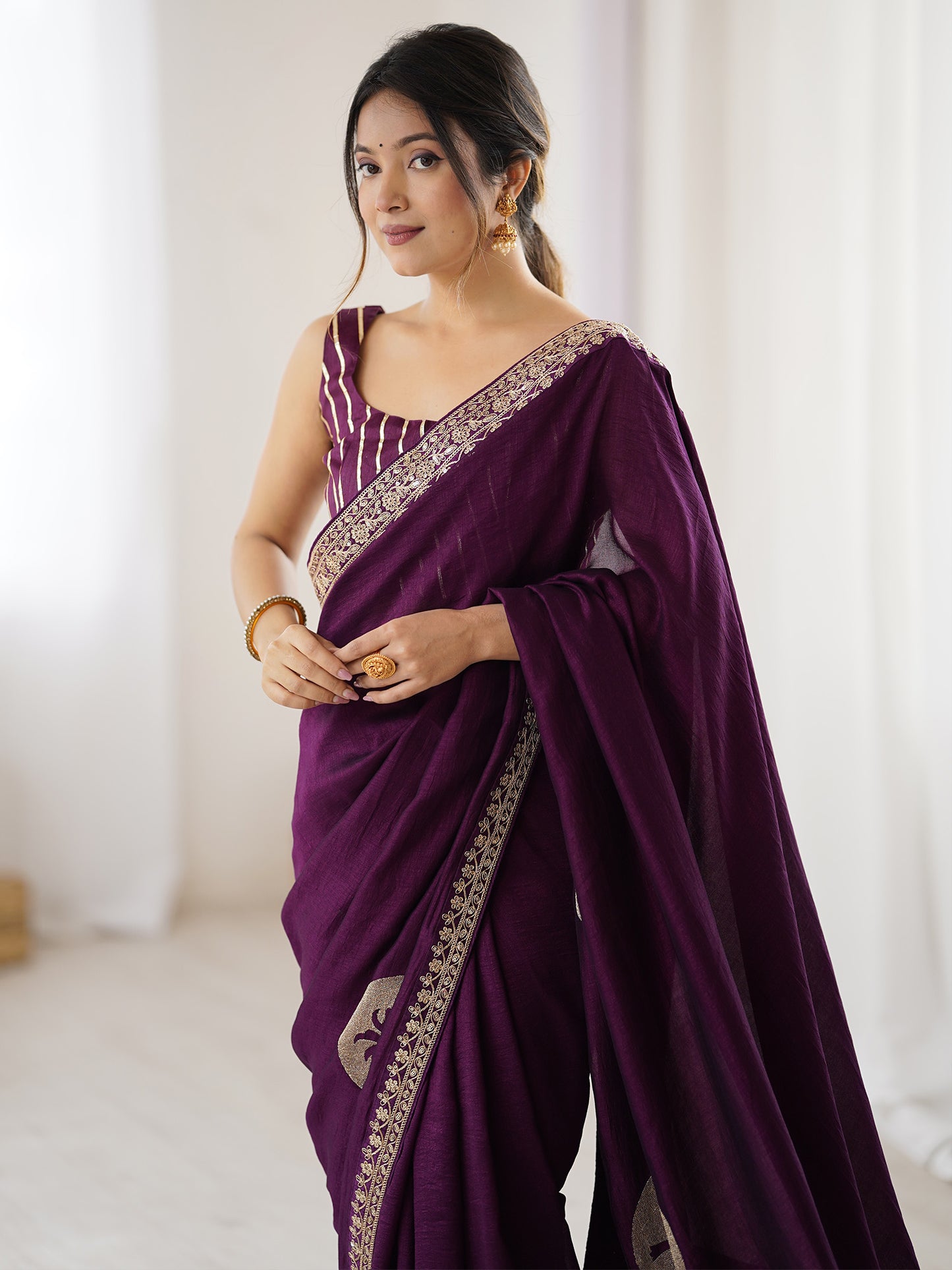 Women's Vichitra Silk Purple Embellished Designer Saree With Blouse Piece