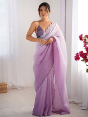 Women's Chiffon Lavendar Embellished Designer Saree With Blouse Piece