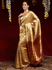 ساري نسائي بتصميم فاخر من حرير الليتشي الذهبي المنسوج مع قطعة بلوزة