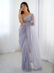 Women's Net Lavendar Embellished Designer Saree With Blouse Piece