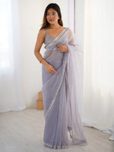 Women's Net Lavendar Embellished Designer Saree With Blouse Piece