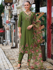 Green Embroidered Straight Kurta Trousers With Dupatta Set