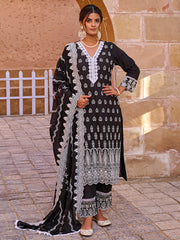 Black Embroidered Straight Kurta Trousers With Dupatta set