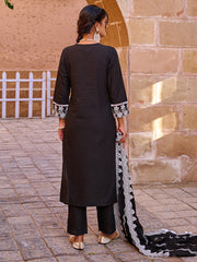 Black Embroidered Straight Kurta Trousers With Dupatta set