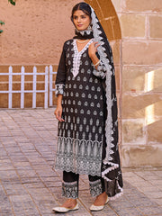 Black Embroidered Straight Kurta Trousers With Dupatta set