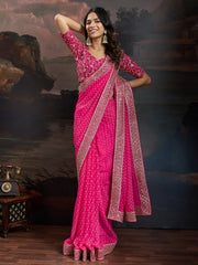 Women's Georgette Purple Printed Designer Saree With Blouse Piece