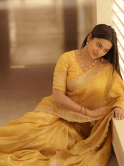 Women's Tissue Yellow Embellished Designer Saree With Blouse Piece