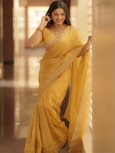 Women's Tissue Yellow Embellished Designer Saree With Blouse Piece