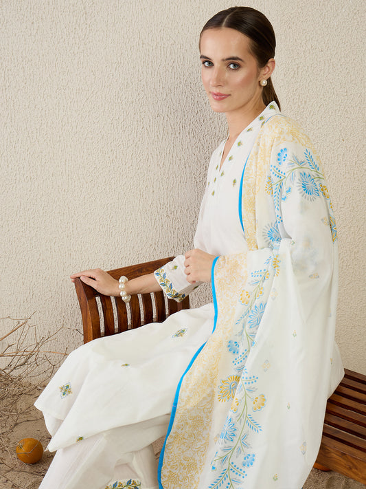 White Embroidered Straight Kurta Trousers With Dupatta Set