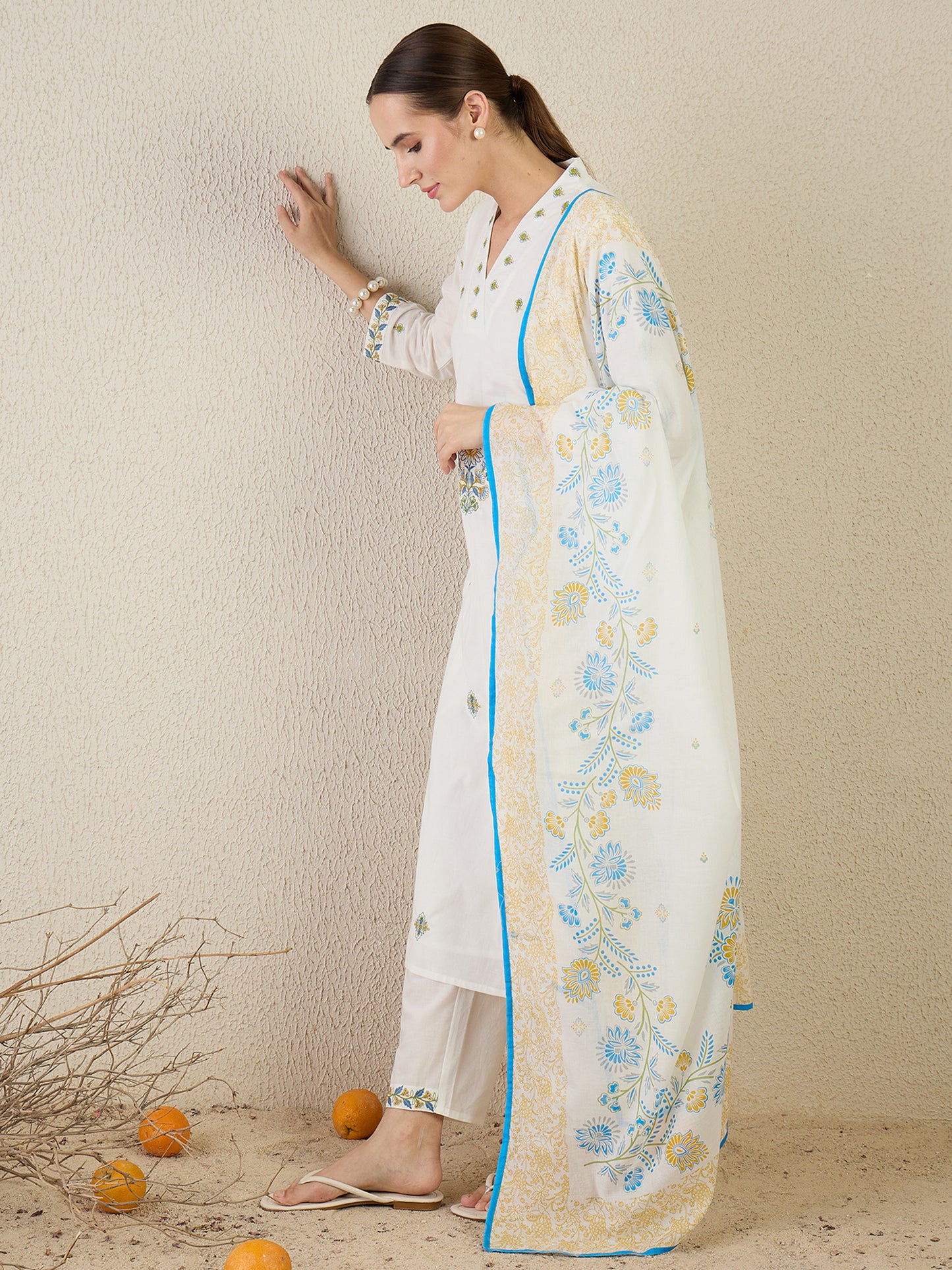 White Embroidered Straight Kurta Trousers With Dupatta Set