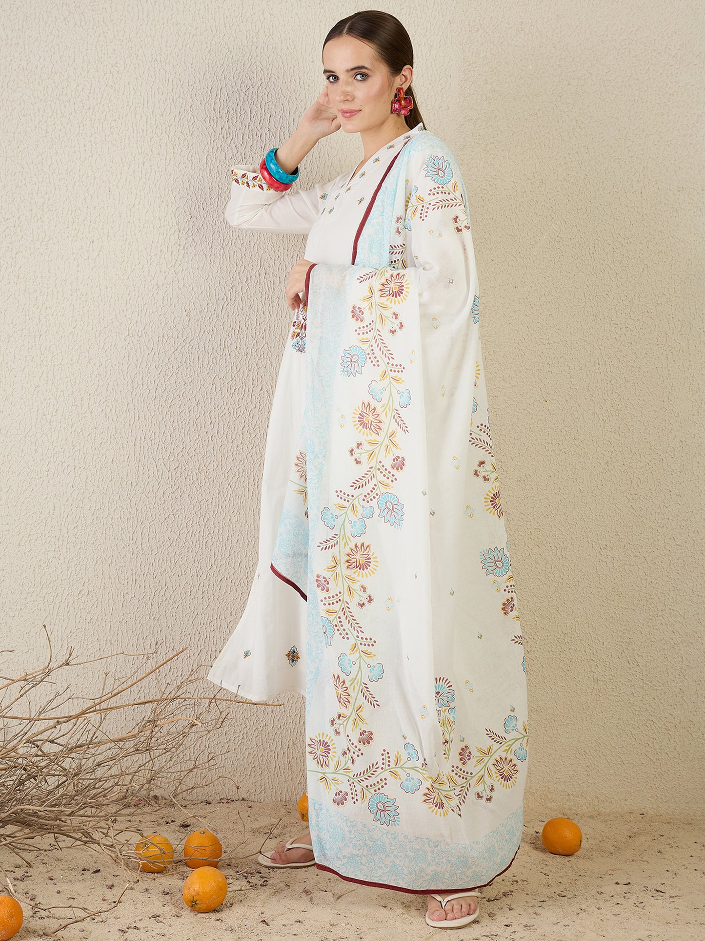 White Embroidered Straight Kurta Trousers With Dupatta Set