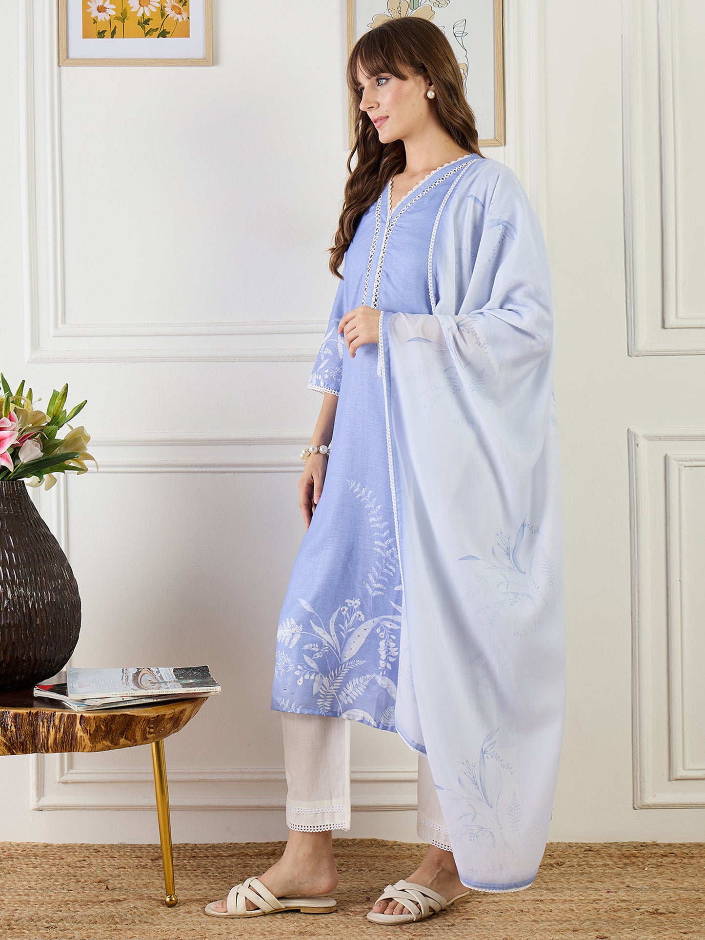 Printed Straight Kurta Trousers With Dupatta Set