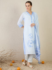 Blue Printed Straight Kurta Trousers With Dupatta Set