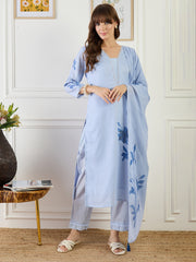 Printed Straight Kurta Trousers With Dupatta Set