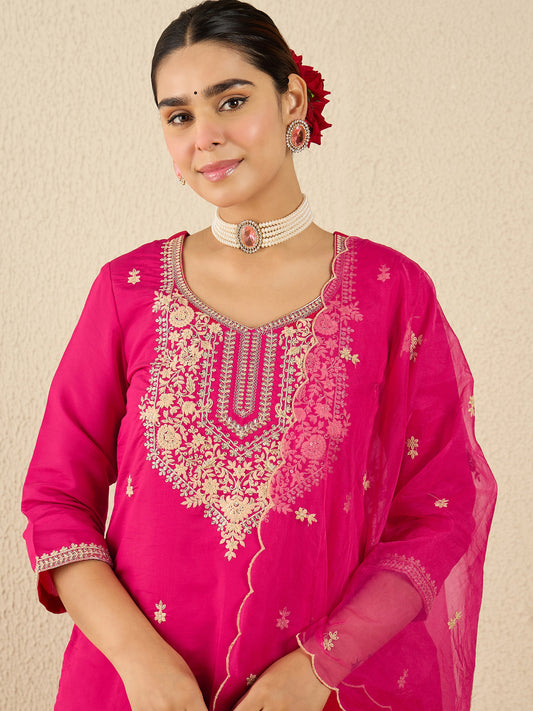 Pink Embroidered Straight Kurta Trousers With Dupatta Set