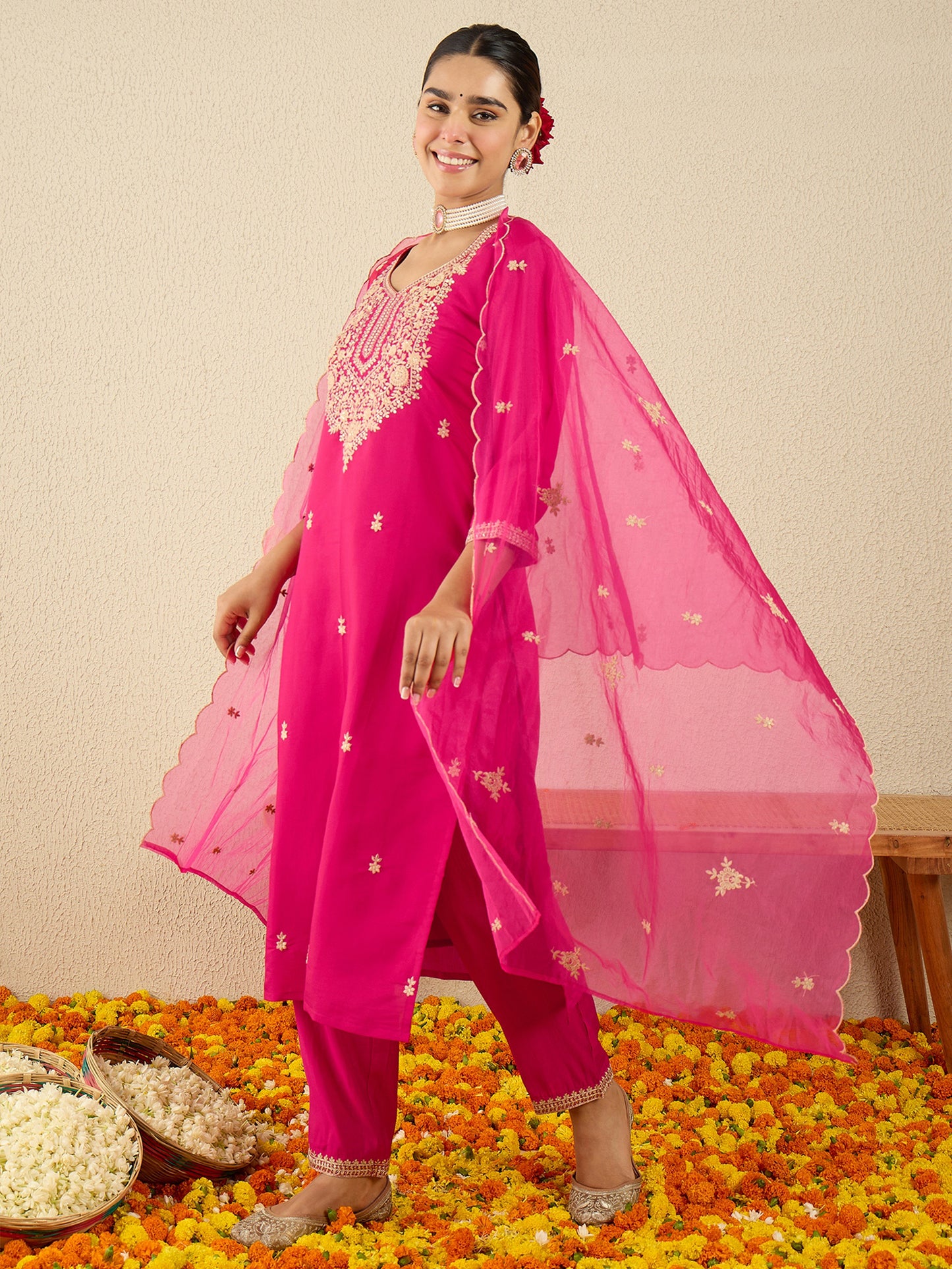 Pink Embroidered Straight Kurta Trousers With Dupatta Set