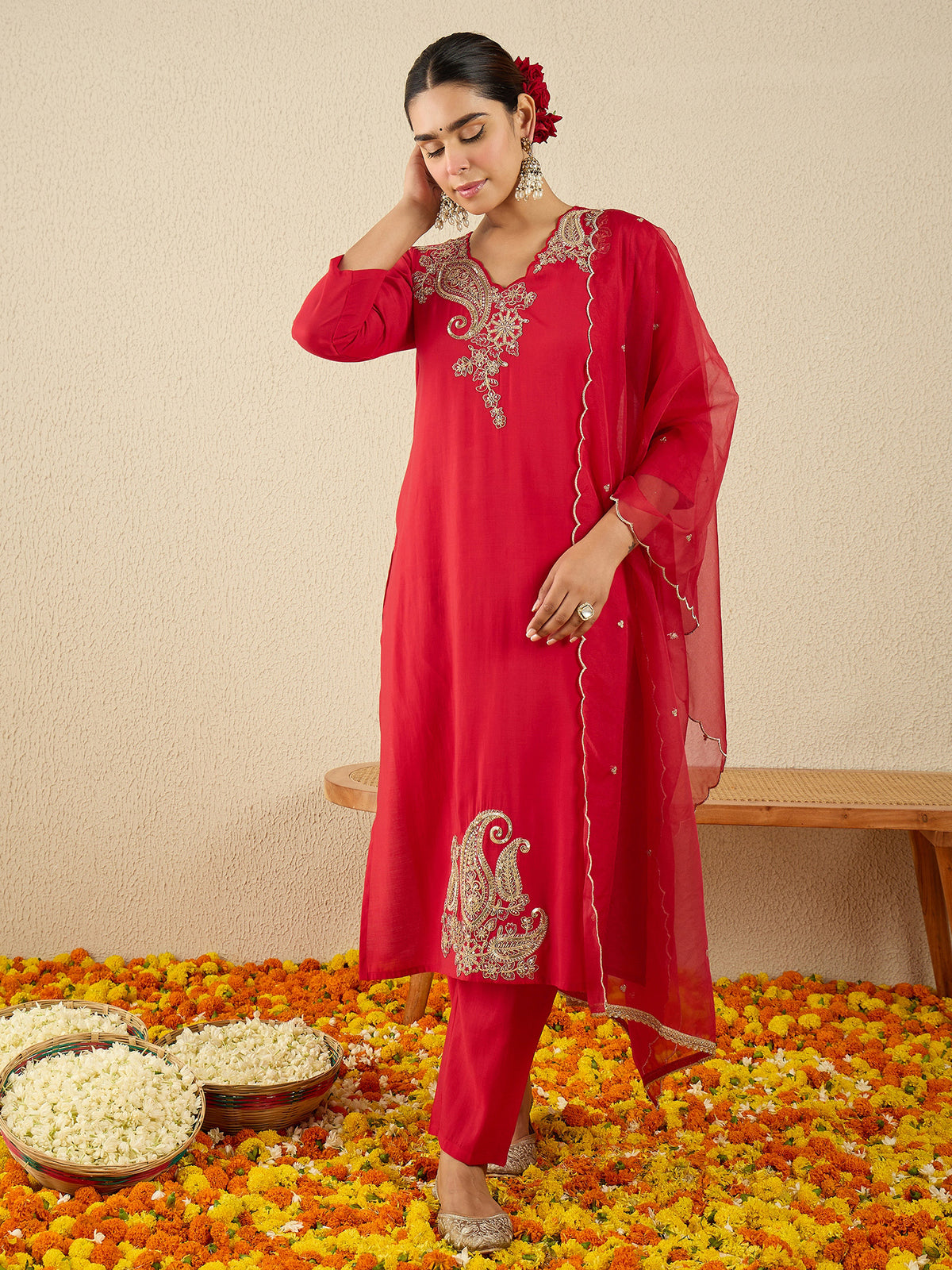 Red Embroidered Straight Kurta Trousers With Dupatta Set-KH1RD11611