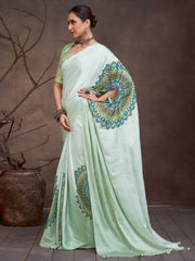 Women's Satin Sea Green Digital Print Designer Saree With Blouse Piece