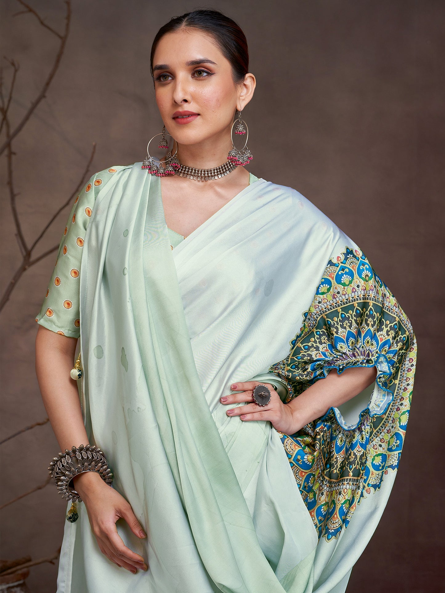 Women's Satin Sea Green Digital Print Designer Saree With Blouse Piece