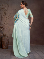 Women's Satin Sea Green Digital Print Designer Saree With Blouse Piece