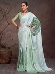 Women's Satin Sea Green Digital Print Designer Saree With Blouse Piece