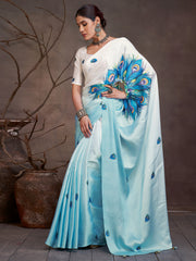 Women's Satin Light Blue Digital Print Designer Saree With Blouse Piece