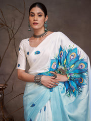 Women's Satin Light Blue Digital Print Designer Saree With Blouse Piece