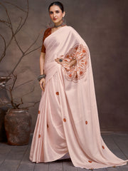 Women's Satin Cream Digital Print Designer Saree With Blouse Piece