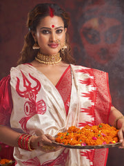 Women's Satin Silk Off White Woven Design Designer Saree With Blouse Piece