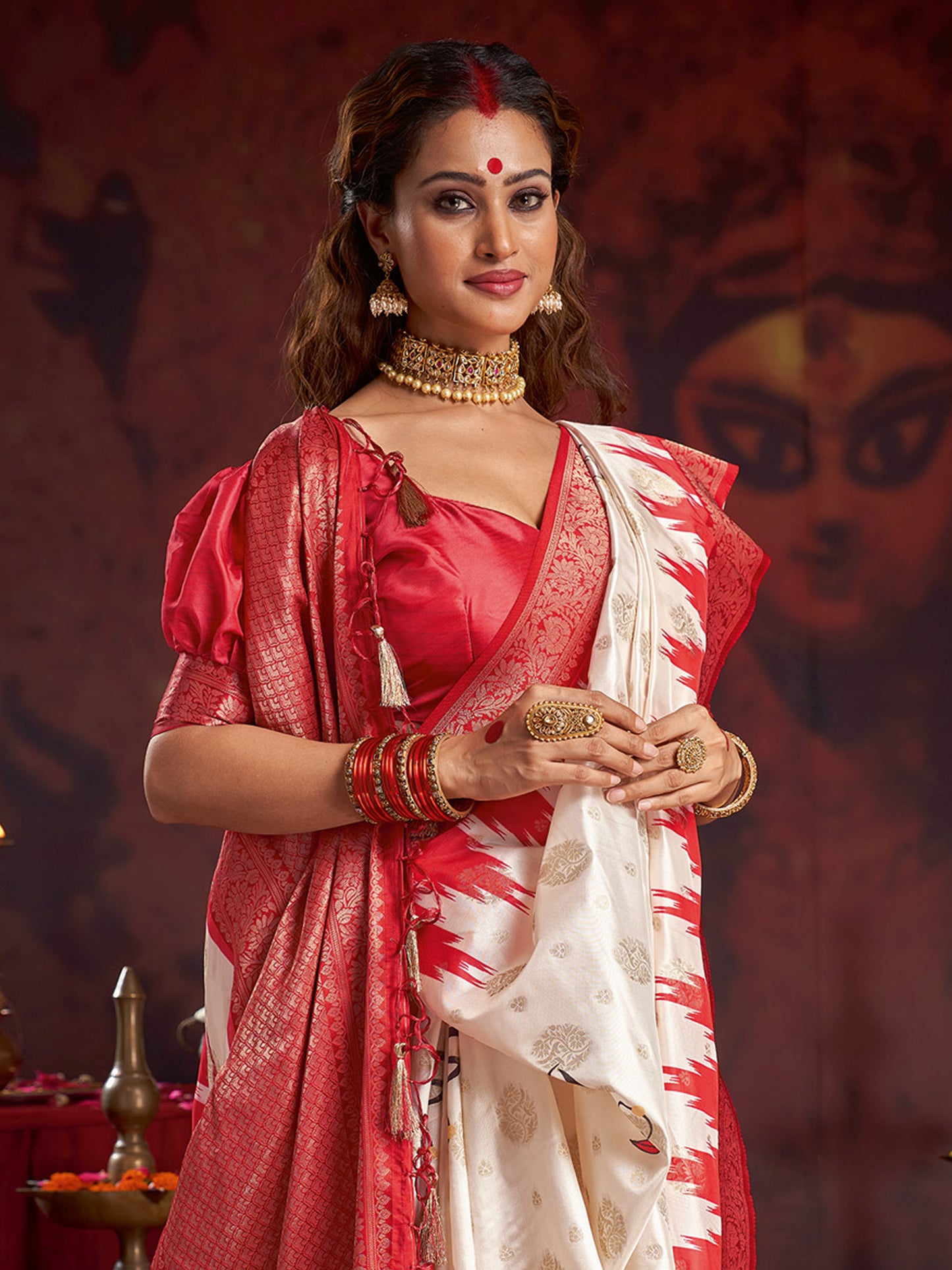 Women's Satin Silk Off White Woven Design Designer Saree With Blouse Piece