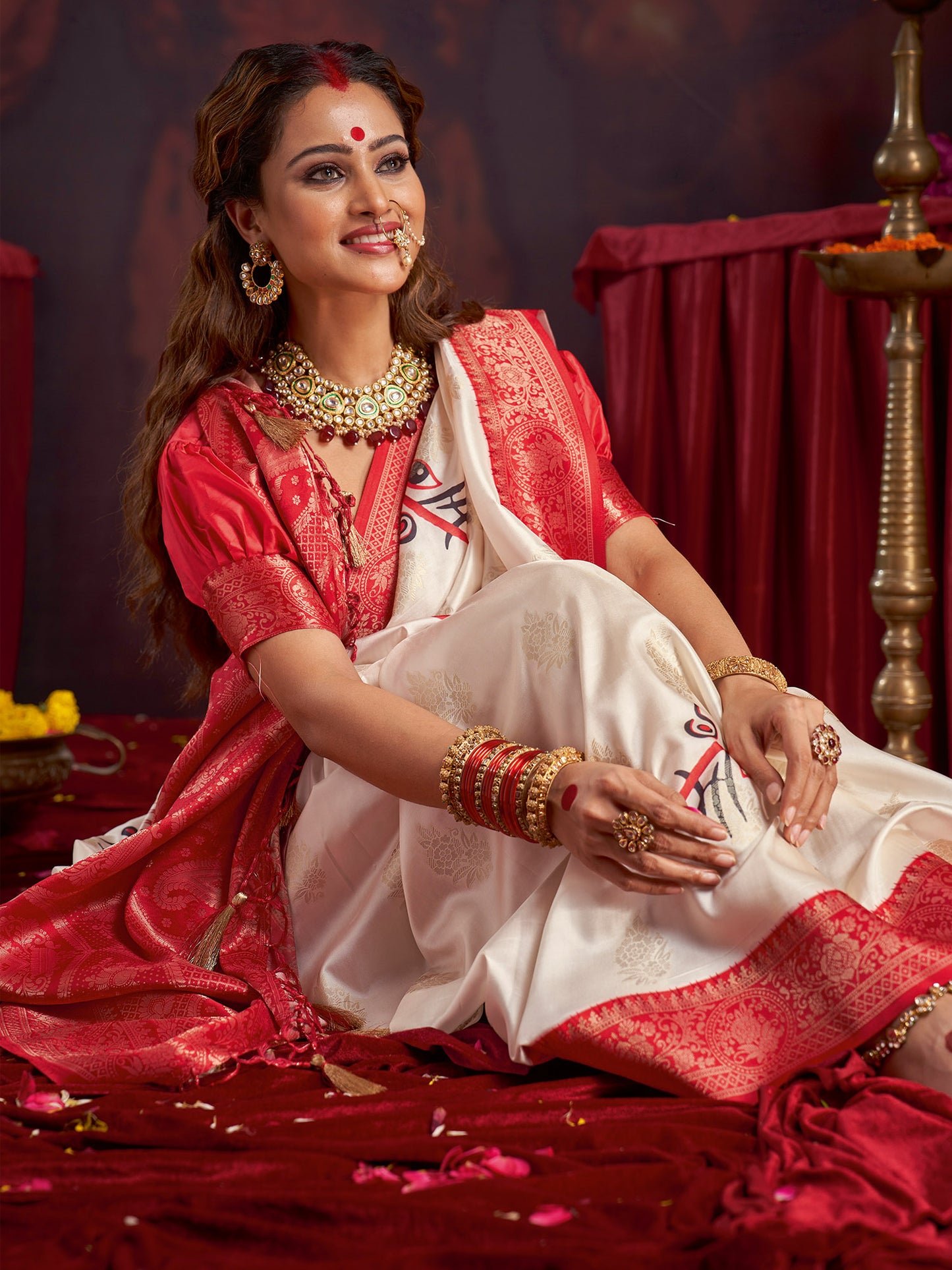 Women's Satin Silk Off White Woven Design Designer Saree With Blouse Piece