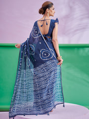 Women's Cotton Linen Navy Blue Printed Designer Saree With Blouse Piece
