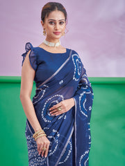 Women's Cotton Linen Navy Blue Printed Designer Saree With Blouse Piece