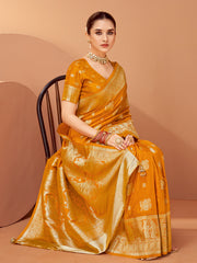 Women's Satin Silk Mustard Woven Design Designer Saree With Blouse Piece
