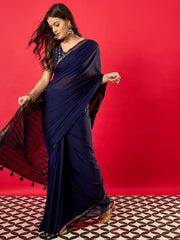 ساري نسائي من حرير ميسور باللون الأزرق الداكن بتصميم منسوج مع قطعة بلوزة