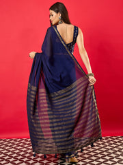 ساري نسائي من حرير ميسور باللون الأزرق الداكن بتصميم منسوج مع قطعة بلوزة