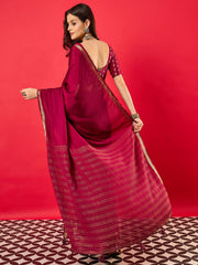 Women's Mysore Silk Burgundy Woven Design Designer Saree With Blouse Piece