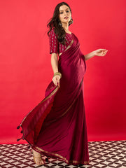 Women's Mysore Silk Burgundy Woven Design Designer Saree With Blouse Piece