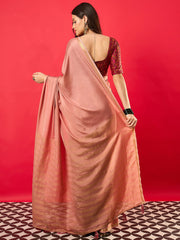 ناري - ساري نسائي من حرير ميسور بلون الخوخ بتصميم منسوج مع قطعة بلوزة