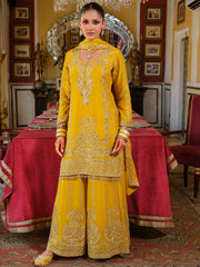 Yellow Embroidered Straight Kurta Palazzos With Dupatta Set