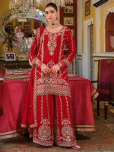 Red Embroidered Straight Kurta Palazzos With Dupatta Set