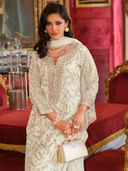 White Embroidered Straight Kurta Palazzos With Dupatta Set