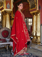Red Embroidered Straight Kurta Palazzos With Dupatta Set