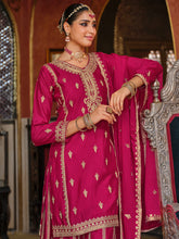 Pink Embroidered Straight Kurta Palazzos With Dupatta Set
