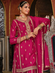 Pink Embroidered Straight Kurta Palazzos With Dupatta Set