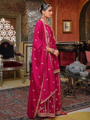 Pink Embroidered Straight Kurta Palazzos With Dupatta Set