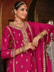 Pink Embroidered Straight Kurta Palazzos With Dupatta Set