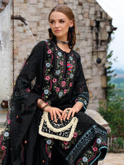 Black Embroidered Straight Kurta Trousers With Dupatta Set